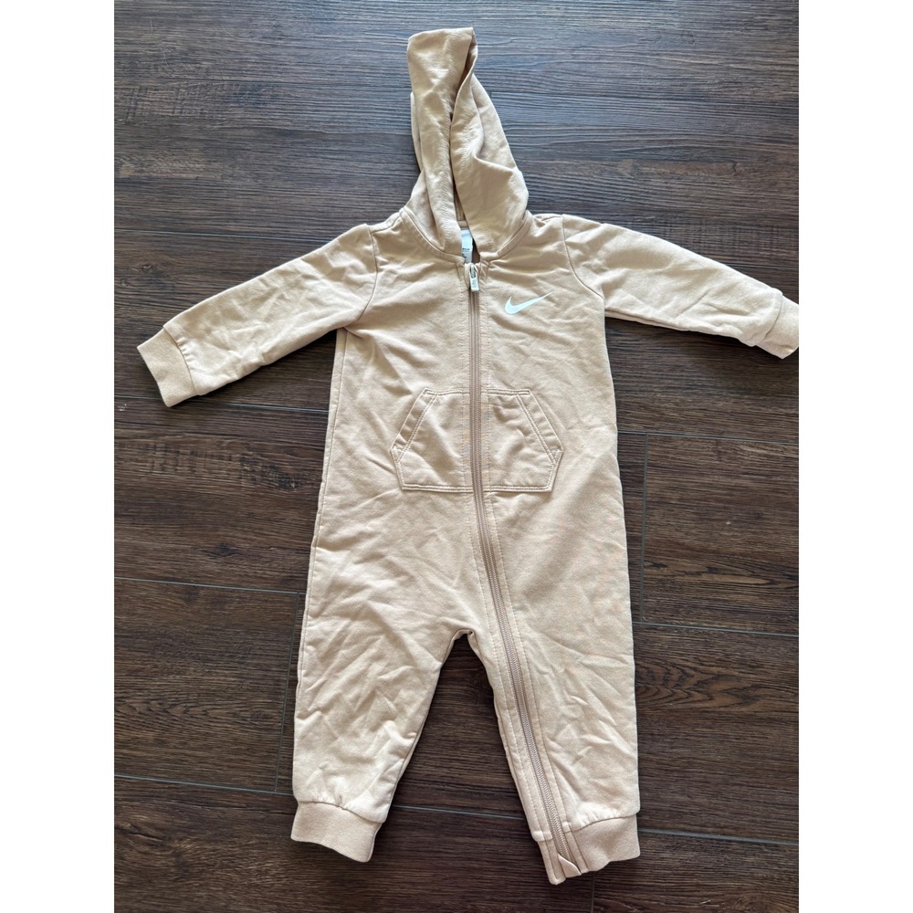 Nike Infant Hooded Romper Full Zip One Piece Tan Khaki 12M Swoosh Logo